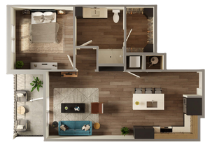 Contemporary 1-bedroom apartment floor plan with open kitchen, inviting living area, and stylish terrace.