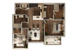 Elegant 3D apartment floor plan showcasing two bedrooms, modern kitchen with island seating, spacious living area, and private balcony.