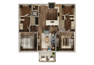 Modern 2-bedroom apartment floor plan featuring an open-concept living room, a stylish kitchen with island, dual bathrooms, and a cozy balcony for relaxation.