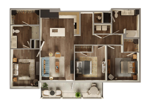 Chic floor plan showcasing 3 cozy bedrooms, a modern kitchen with an island, spacious living room, elegant bathrooms, and a charming balcony.