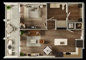 Modern apartment floor plan featuring a spacious bedroom, elegant open-concept living and dining area, stylish kitchen with island, and a welcoming balcony for outdoor relaxation.