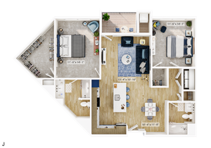 Modern 2D floor plan of a contemporary apartment featuring two spacious bedrooms, an open-concept living room, and a sleek kitchen island. Includes a cozy balcony and well-organized storage areas.