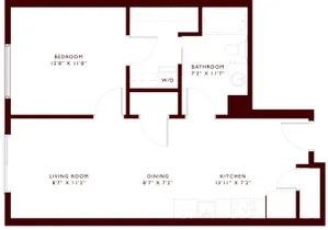 Spacious apartment floor plan with one bedroom, bathroom, kitchen, living room, and dining area.
