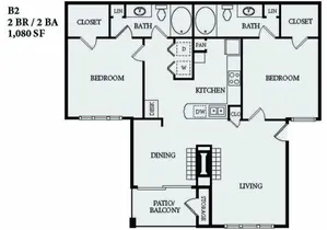 2 Bedroom 2 Bath  / 1,080 SF