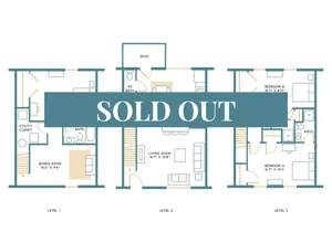 Modern 3-level floor plan featuring a bonus room and utility closet on the first level, a spacious living room and deck on the second level, and two cozy bedrooms with bath on the third level.