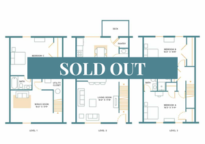 Modern three-level floor plan featuring three bedrooms, spacious living room, kitchen with pantry, deck, and bonus room.