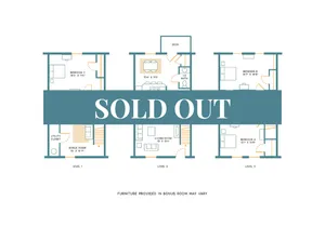 Chic multi-level floor plan showcasing 3 bedrooms, bonus room, and modern living areas, perfect for comfortable living.