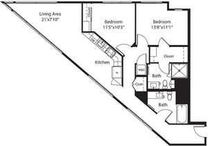 945 square foot two bedroom two bath apartment floorplan image