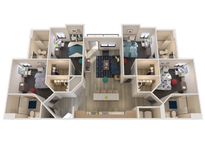 Modern 3D floor plan featuring 3 spacious bedrooms, cozy living room, and sleek open kitchen design.