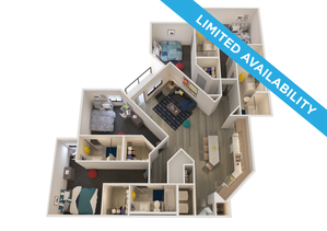 Modern 3D floor plan featuring 3 bedrooms, a bright living area, spacious kitchen, and stylish bathrooms, with limited availability.