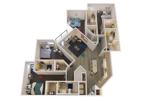 Elegant 3D floor plan showcasing three spacious bedrooms, a cozy living area, and a modern kitchen with hardwood floors.