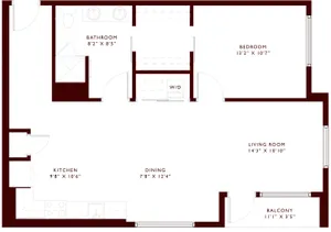 Detailed floor plan of a modern apartment featuring a bedroom, living room, kitchen, dining area, bathroom, and balcony.