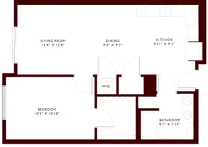 Spacious one-bedroom apartment floor plan with living room, dining area, kitchen, and bathroom.