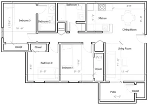 Modern floor plan showcasing 3 bedrooms, 2 bathrooms, and a spacious living area with kitchen and dining room, featuring a patio and ample closets.