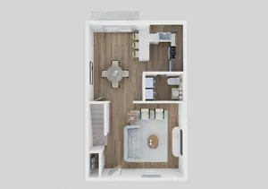 Modern 3D floor plan showcasing an open-concept living area, elegant kitchen with breakfast bar, dining space, and a compact bathroom.