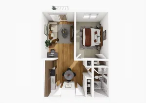 Modern 3D floor plan featuring a cozy living area, elegant bedroom, and open kitchen with contemporary design.