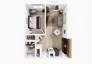 One-bedroom apartment floor plan with one bathroom at Woodlands at Nashua
