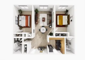 Deluxe two-bedroom apartment floor plan with two bathrooms at Woodlands at Nashua