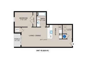 Chic 1-bedroom apartment floor plan featuring spacious living and dining area, modern kitchen with laundry, and cozy porch, totaling 828 square feet.