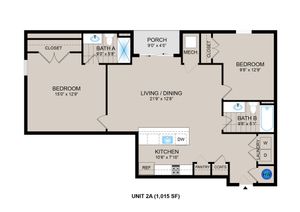 Inviting 2D floor plan of Unit 2A showcasing 2 bedrooms, open living and dining area, modern kitchen, 2 bathrooms, and cozy porch in 1,015 sq ft.