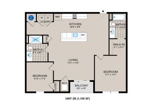 Contemporary floor plan for Unit 2B, 1,100 sq ft, featuring 2 bedrooms, a spacious living area, modern kitchen with island, convenient laundry, and a cozy balcony.