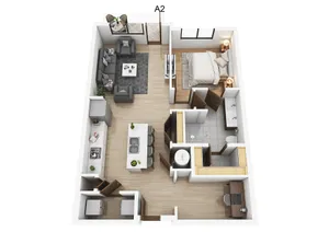 Modern 3D apartment layout of A2 model with open-concept living area, sleek kitchen, cozy bedroom, and spacious bathroom.