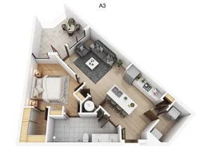 Modern 3D Aspen floor plan showcasing an open-concept living and dining area, sleek kitchen with island, cozy bedroom, and private balcony.
