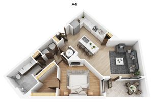 Modern Monarch floor plan showcasing a single-bedroom apartment with an open-concept kitchen and living area, sleek bathroom, and inviting balcony space.
