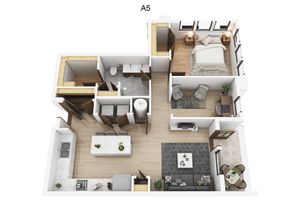Modern Silverton floor plan showcases a luxurious one-bedroom apartment, complete with a spacious living area, elegant kitchen island, and cozy dining space adjoining the living room.