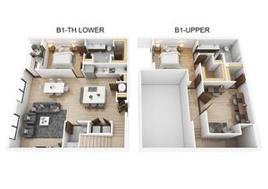 Chic two-story townhouse floor plan with 2 bedrooms, modern kitchen, spacious living and dining areas, and home office. Perfect blend of comfort and style.
