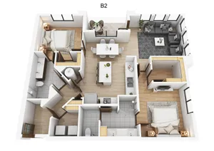 Elegant 3D floor plan featuring 2 bedrooms, a modern kitchen with an island, cozy living area, and stylish dining space.