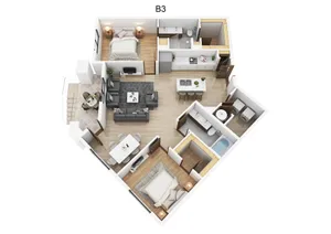 Modern 3D floor plan showcasing two bedrooms, an inviting open-concept living and dining area, a sleek kitchen with a breakfast bar, and two stylish bathrooms.