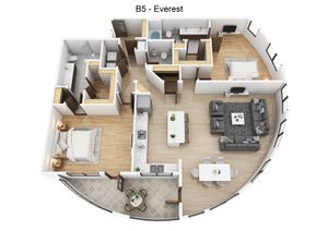 Elegant Everest floor plan featuring two spacious bedrooms, a modern kitchen with an island, cozy living area, dining space, and inviting balcony.