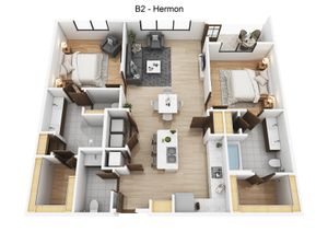 Modern Hermon floor plan showcasing a spacious layout with two bedrooms, a stylish living room, a contemporary kitchen with island, and a cozy balcony.