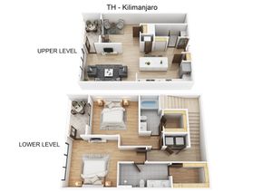 Chic townhouse floor plan named Kilimanjaro, featuring upper and lower levels. Spacious upper level includes open-concept living and dining area with modern kitchen, while the lower level boasts two cozy bedrooms and a sleek bathroom.