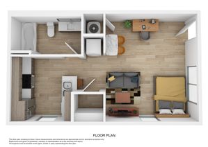 Modern open-concept floor plan featuring a bedroom, spacious living area, sleek kitchen, and stylish workspace.