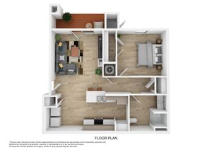 Modern floor plan featuring a spacious bedroom, stylish open-concept living room, and sleek kitchen area with breakfast bar, perfect for comfortable living.