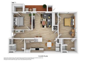 Modern 3D floor plan featuring two spacious bedrooms, a cozy living area, and a functional kitchen with a dining space. Stylish bathroom and private balcony included.