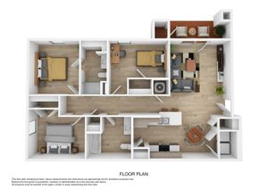 Modern 3D floor plan showcasing two spacious bedrooms, open-plan living room with stylish furniture, and a contemporary kitchen, perfect for comfortable living.