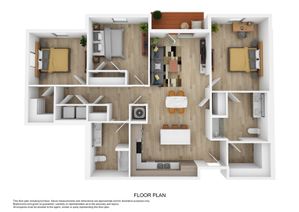 Modern 3D floor plan showcasing 3 cozy bedrooms, an open-concept living and dining area, a stylish kitchen with an island, and a charming balcony for relaxation.