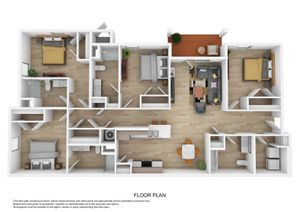 Modern 3D floor plan showcasing a spacious apartment with three bedrooms, open living and dining areas, a sleek kitchen, and a charming balcony.