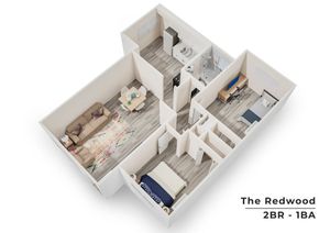 The Redwood 3D floor plan showcasing a cozy 2-bedroom, 1-bathroom layout with an inviting living area and a modern kitchen.