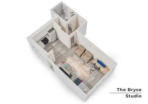 Contemporary 3D floor plan of The Bryce Studio featuring an open-concept living area, cozy kitchen, and modern bathroom.