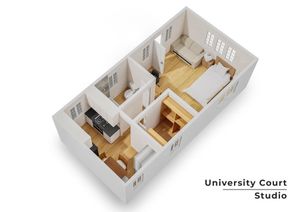 University Court Studio 3D floor plan showcasing an elegant open-concept layout with a cozy living area, compact kitchen, and inviting sleeping space.
