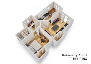 Chic 3D floor plan of University Court showcasing 1 bedroom, 1 bathroom, and a modern open living area.