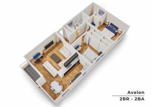Avalon 3D floor plan showcasing an elegant layout of 2 bedrooms and 2 bathrooms, featuring an open-concept living area, modern kitchen, and separate dining space with hardwood flooring.