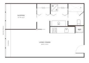 Modern studio apartment floor plan featuring a spacious living and dining area, sleek kitchen, and flexible sleeping space with operable windows.
