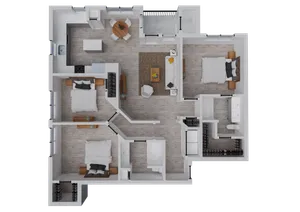 Elegant floor plan showing three bedrooms, a stylish living area, and a modern kitchen with dining space.