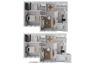Modern 2D floor plan featuring two identical apartments, each with one bedroom, an open living and dining area, and a sleek kitchen.