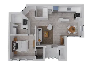 Modern 1-bedroom apartment floor plan with spacious living area, stylish kitchen, and cozy bathroom.
